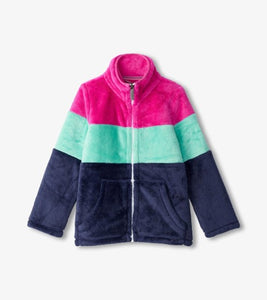 Colourblock Stripes Fuzzy Fleece Girls Zip-Up Jacket